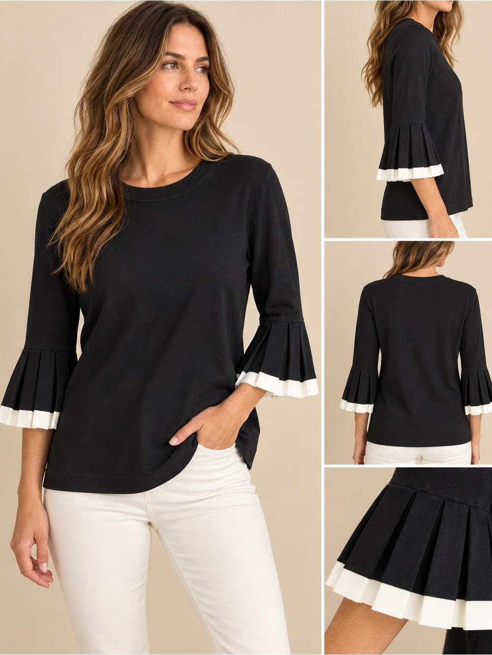 COS Black Knit Top White Pleated Bell 3/4 Sleeve Cuffs Minimalist S